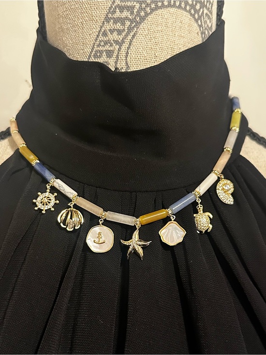 eye candy Jewelry - Eye Candy Los Angeles Gold Sea Charm Necklace with Blue, Gray and Tan Beads